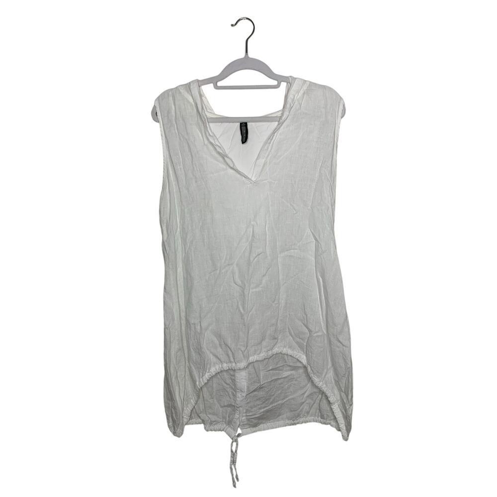 Inizio White Sleeveless Hooded Tie Hem Lagenlook Button-Back Linen Tunic